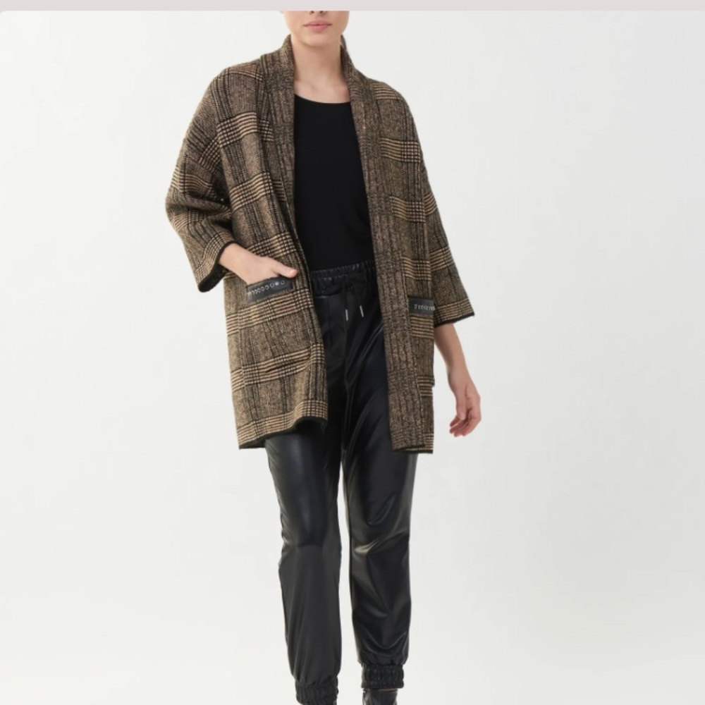 Plaid  sweater Joseph ribkoff brown black camel cover up 223942x 3/4 sleeve
